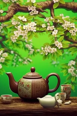 茶壶杯子梨花绿色背景