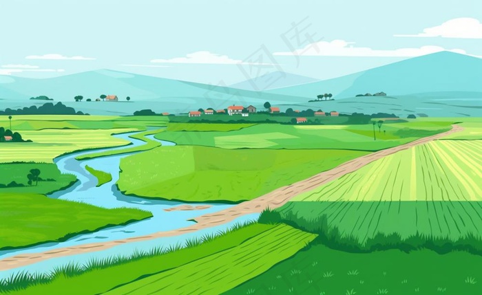 乡村村庄美丽风景河流插画农田插画背景(1408x864)