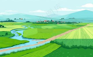 乡村村庄美丽风景河流插画农田插画背景