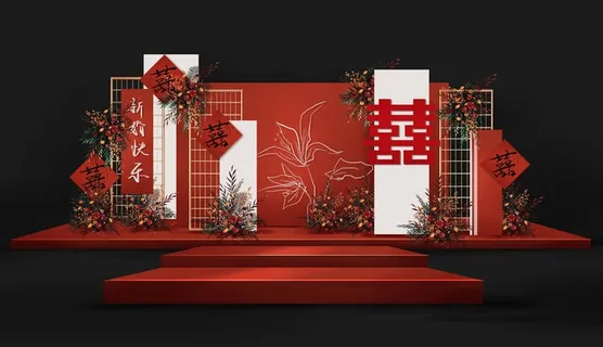 红色中式传统婚礼迎宾区效果图