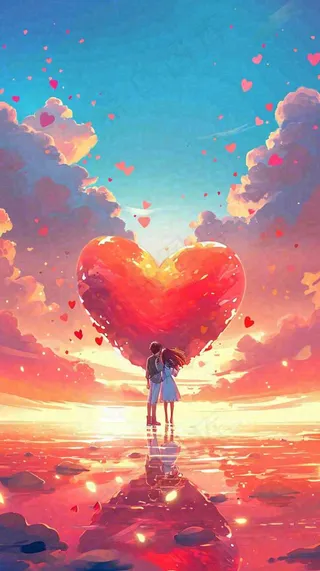 情人节浪漫情人爱心落日蓝天唯美，情侣亲吻爱情，卡通手绘插画