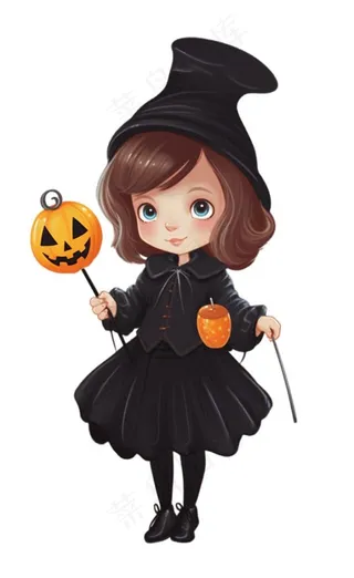 黑色女巫手拿南瓜灯万圣节卡通插画免抠
