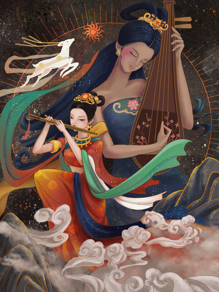 复古中国风国潮神话人物敦煌插画仙女手绘海报背景PSD设计素材