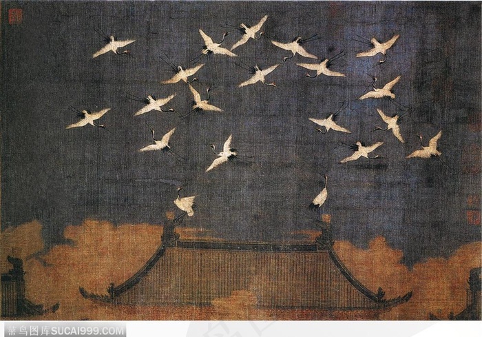 花鸟篇-宫阙上的鹤群画