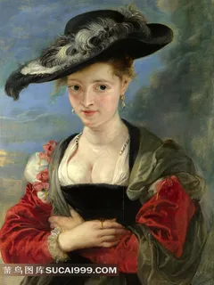 世界著名油画双手抱于胸前戴帽子的贵妇