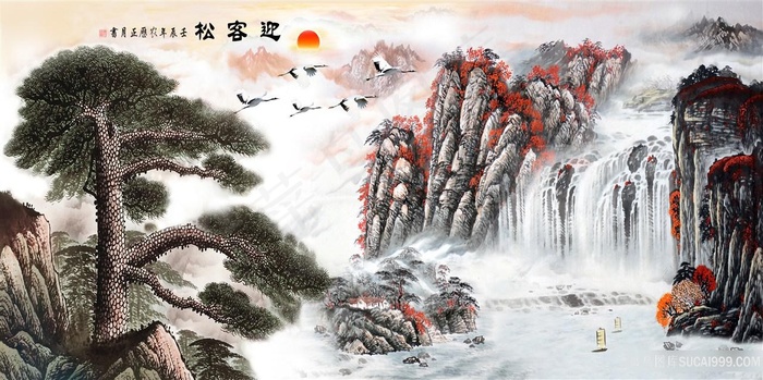 迎客松高清挂画卷素材山水字画喷绘打印原图风景画飞鸟