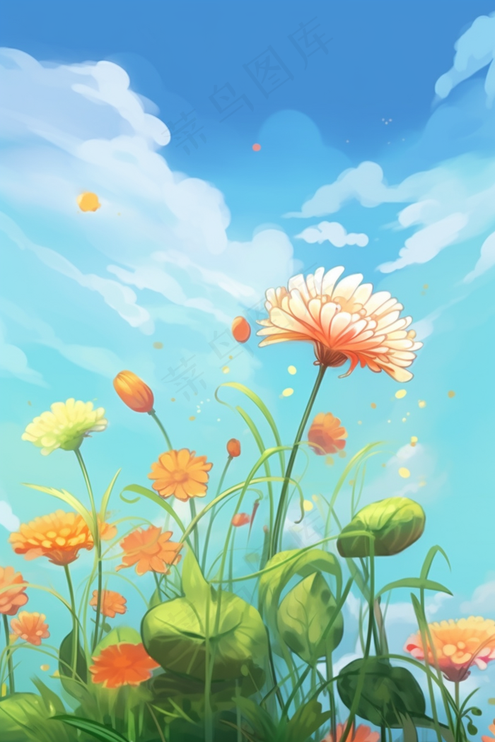 花丛花朵蓝天白云插画