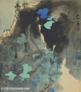 张大千手绘水墨山脉艺术挂画