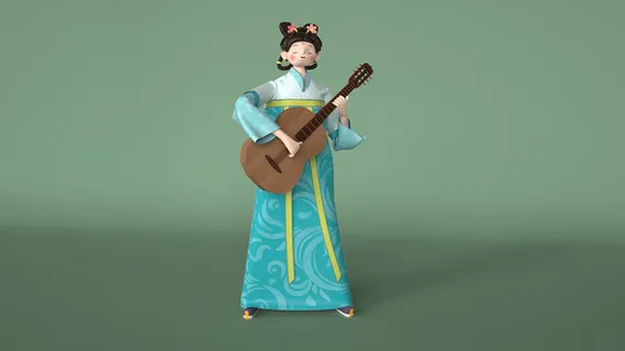 青蓝色中式古典卡通仕女弹吉它C4D元素