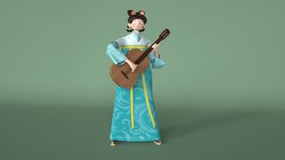 青蓝色中式古典卡通仕女弹吉它C4D元素