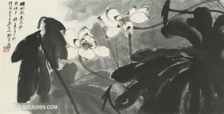 张大千手绘水墨莲花中式装饰画