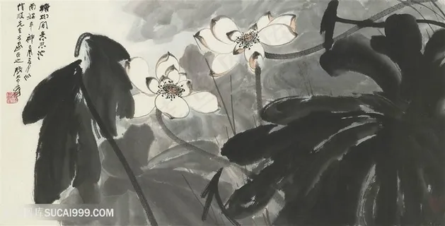 张大千手绘水墨莲花中式装饰画 张大千手绘水墨莲花中式装饰画