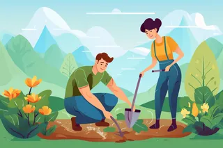 少年们正在植树绿色卡通插画