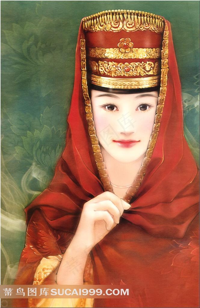 德珍手绘古典戴红纱巾的美人