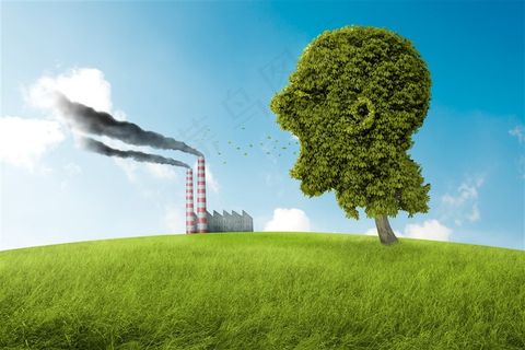 蓝天下的烟囱绿地和人形大树高清图片