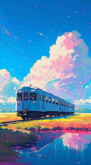 蓝天白云下草地河流高铁火车铁路手绘插画