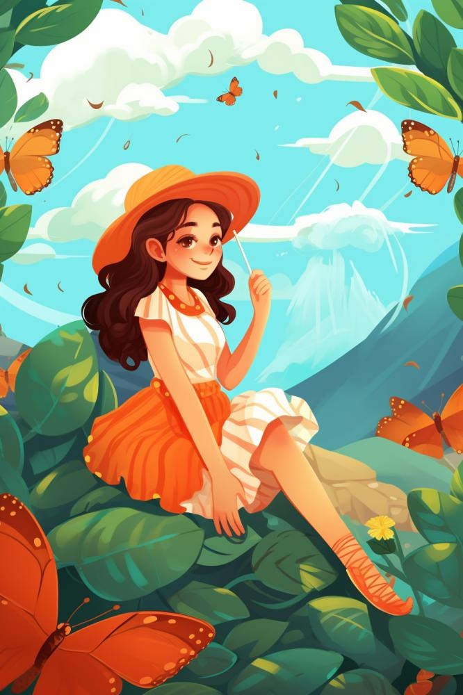 清新花草女孩蝴蝶插画背景