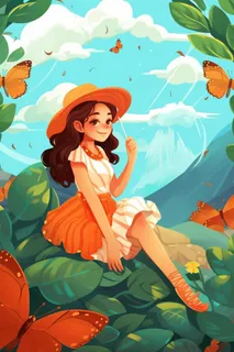 清新花草女孩蝴蝶插画背景 清新花草女孩蝴蝶插画背景