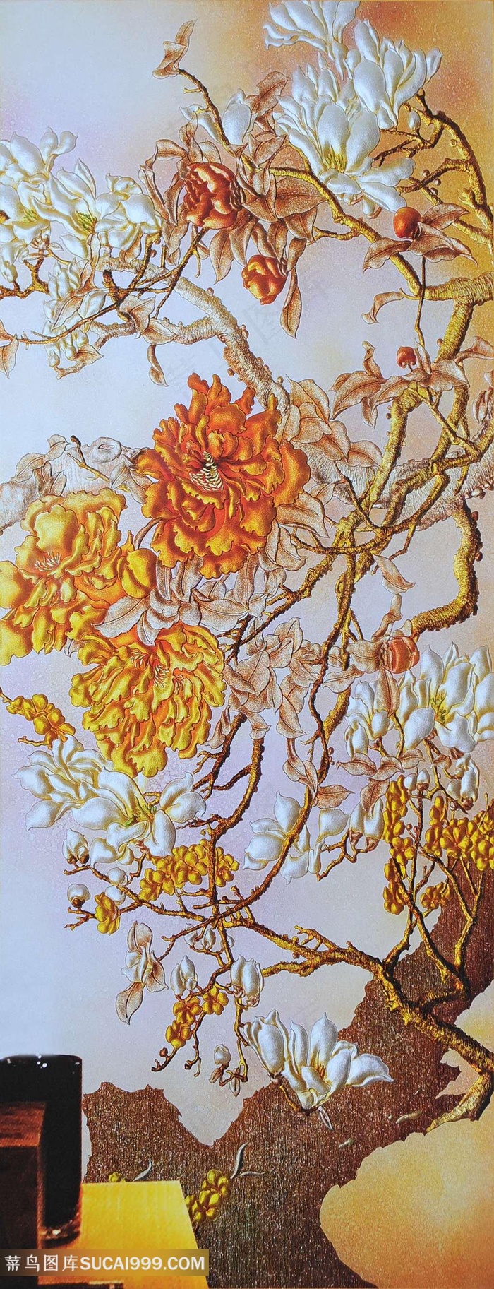 立体浮雕玉兰牡丹图