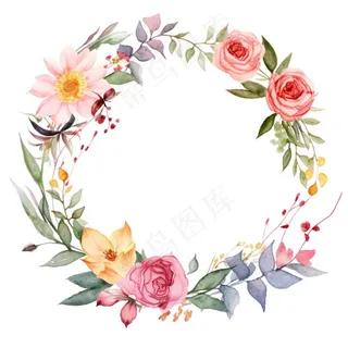 花环鲜花植物水彩插画免抠