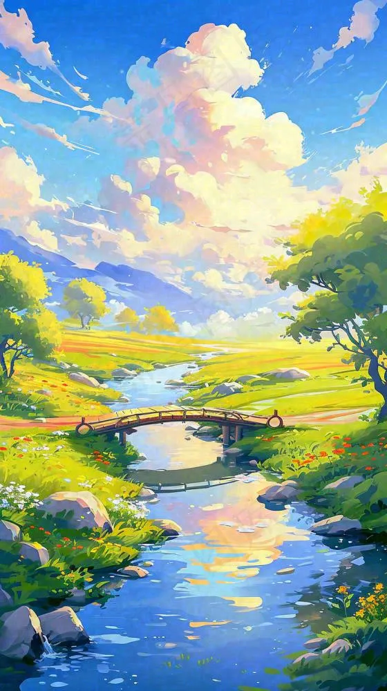 春天草坪河流小溪蓝天白云清新阳光手绘插画，立春春分(816x1456)