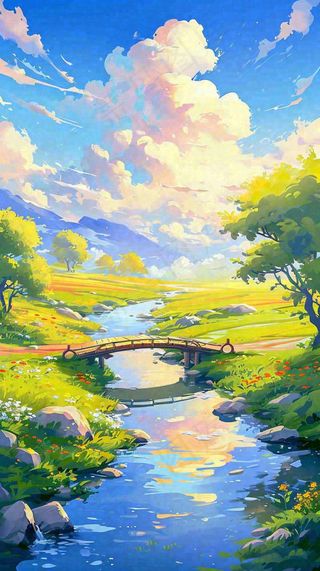 春天草坪河流小溪蓝天白云清新阳光手绘插画，立春春分