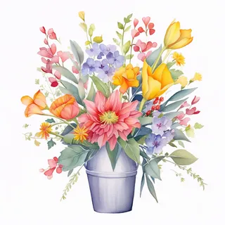 铁桶装的花束鲜花彩色水彩画插画