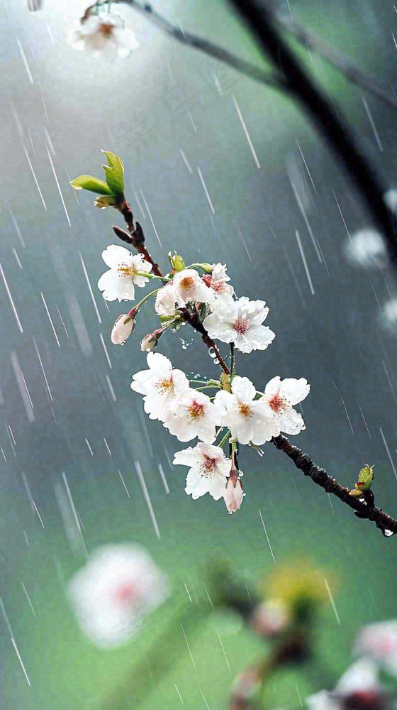 春天白色花朵枝叶在雨中，新鲜绿叶鲜花，雨水谷雨摄影图(816x1456)