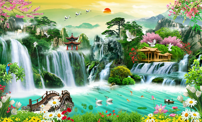 清新流水生财木房木桥天鹅风景psd模版下载