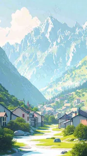 蓝天白云连绵山脉小溪河流小屋，阳光晴天