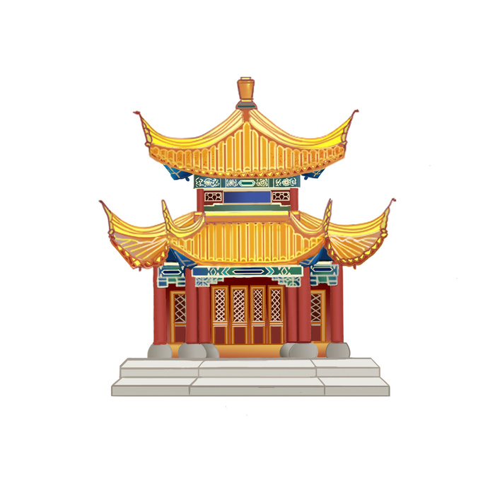 复古中国风国潮古建筑插画手绘高楼古塔PSD素材亭子png免抠图