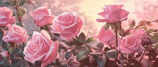 花园中的粉红玫瑰在阳光明媚的阳光下生长，柔和柔和的色调，广阔