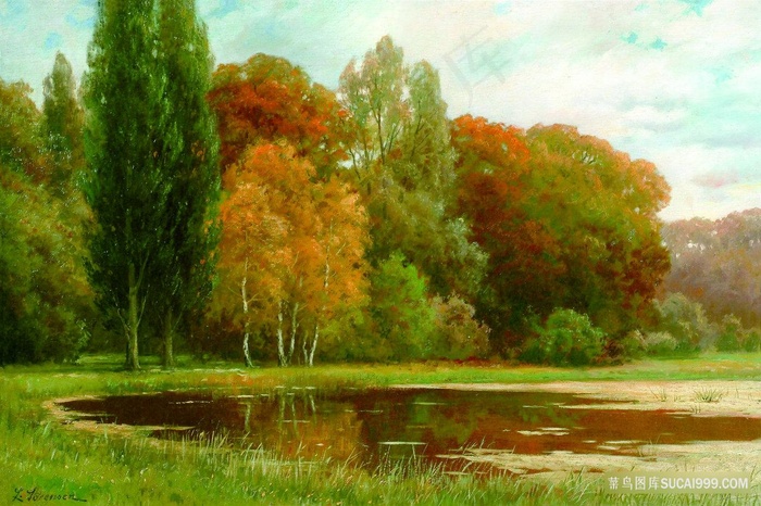 湖畔树林风景画油画