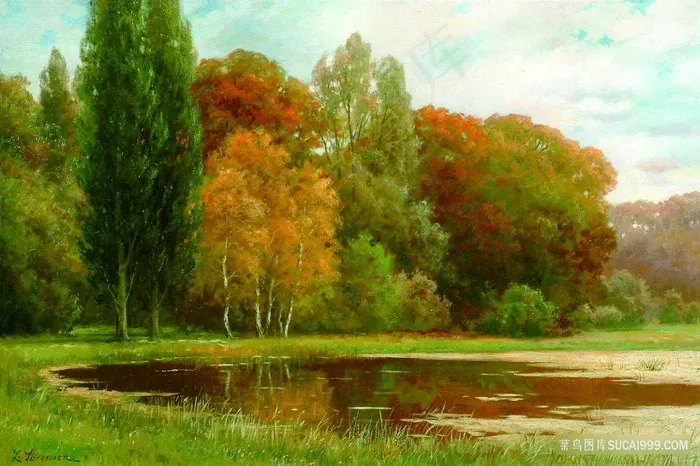 湖畔树林风景画油画