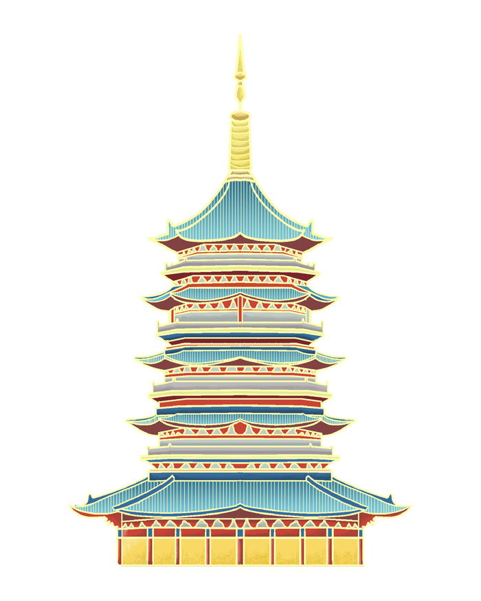 复古中国风国潮古建筑插画手绘高楼古塔PSD素材亭子png免抠图psd模版下载
