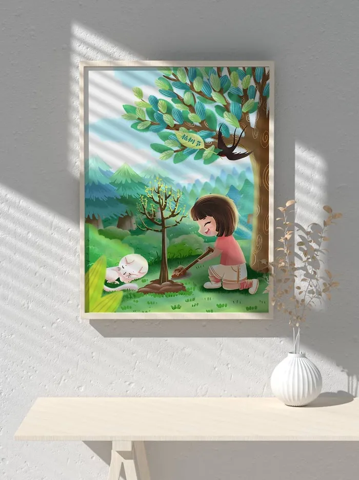 绿色创意公益植树节卡通312保护环境宣传插画psd模版下载