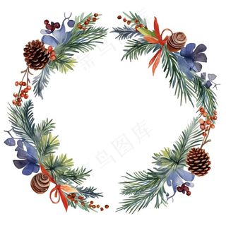 花环圣诞花环松球水彩免抠