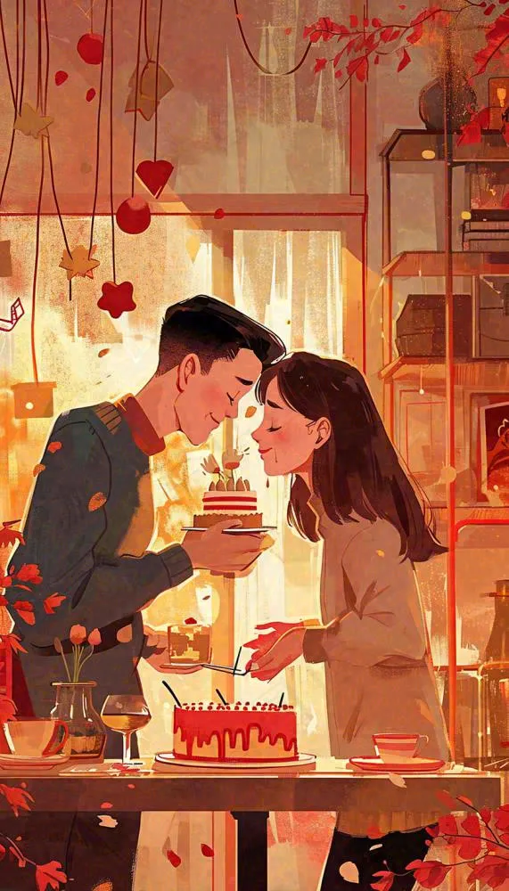 情人节情侣浪漫圣诞节日温馨生日会，插画手绘，居家餐厅美食(832x1456)