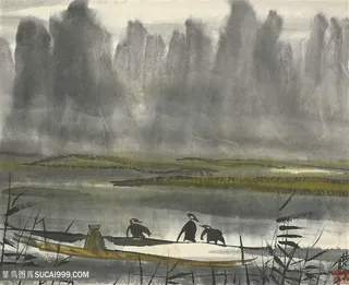 林风眠手绘水墨湖畔山脉风景画