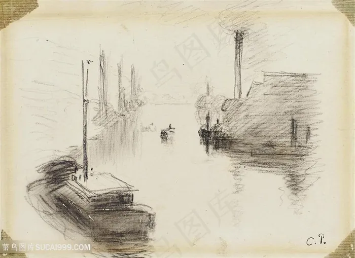 毕沙罗手绘素描船湖畔美景