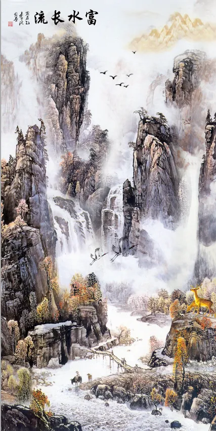 富水长流高山流水山水花鸟装饰画psd模版下载