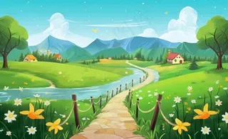 乡村村庄美丽风景河流插画农田插画背景