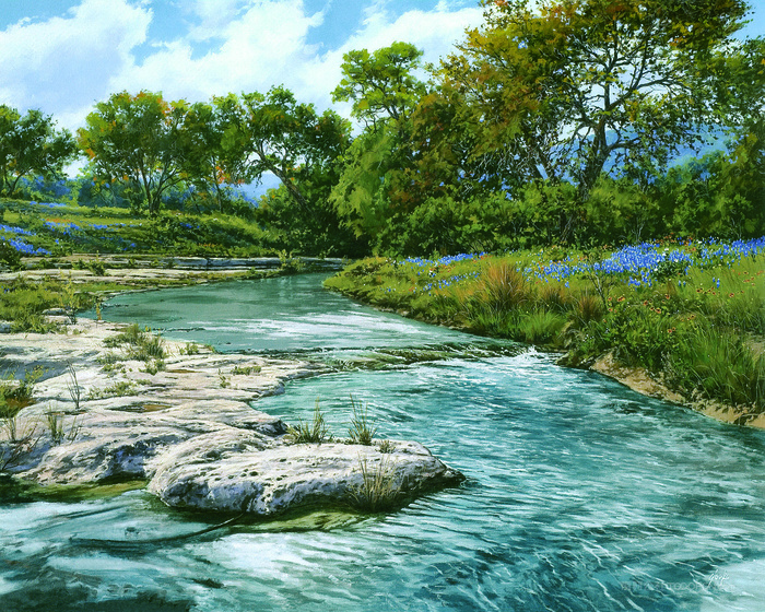 唯美流水树木风景画油画