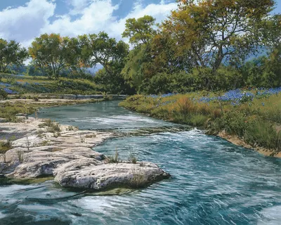 唯美流水树木风景画油画 唯美流水树木风景画油画