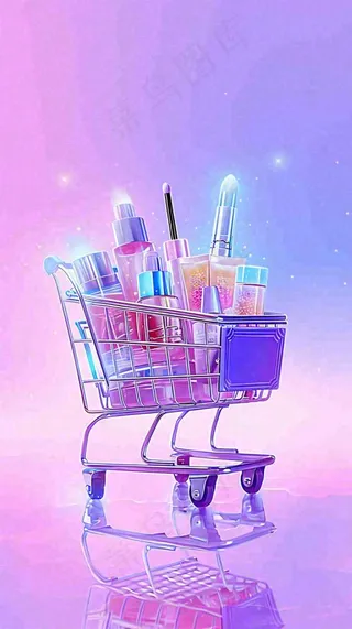 粉紫绚丽购物车采购电商美妆时尚，3D推车