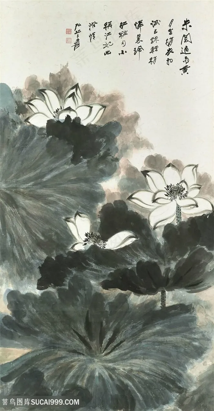 张大千手绘水墨莲花艺术装饰画