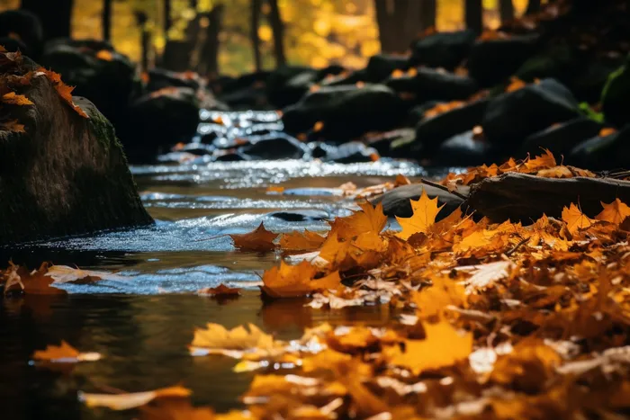 秋天落叶黄叶水河流摄影图(4032x2688)