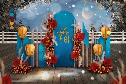 红蓝色新中式婚礼迎宾区效果图 红蓝色新中式婚礼迎宾区效果图