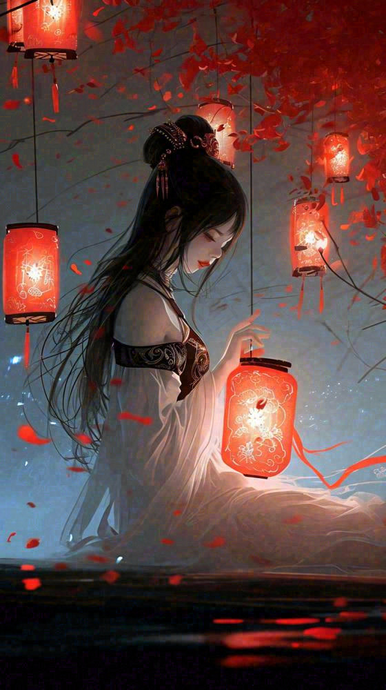 古风夜晚湖边少女灯笼意境水面(816x1456)