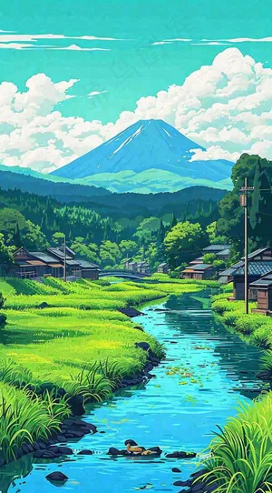 日本卡通绿色手绘乡村田野春天稻田